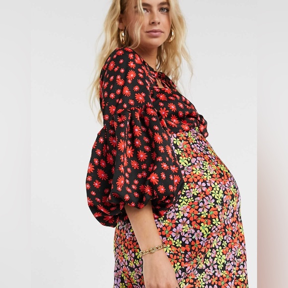 ASOS DESIGN Maternity Satin Sweetheart Neck Maxi Dress Floral Print - Picture 2 of 7